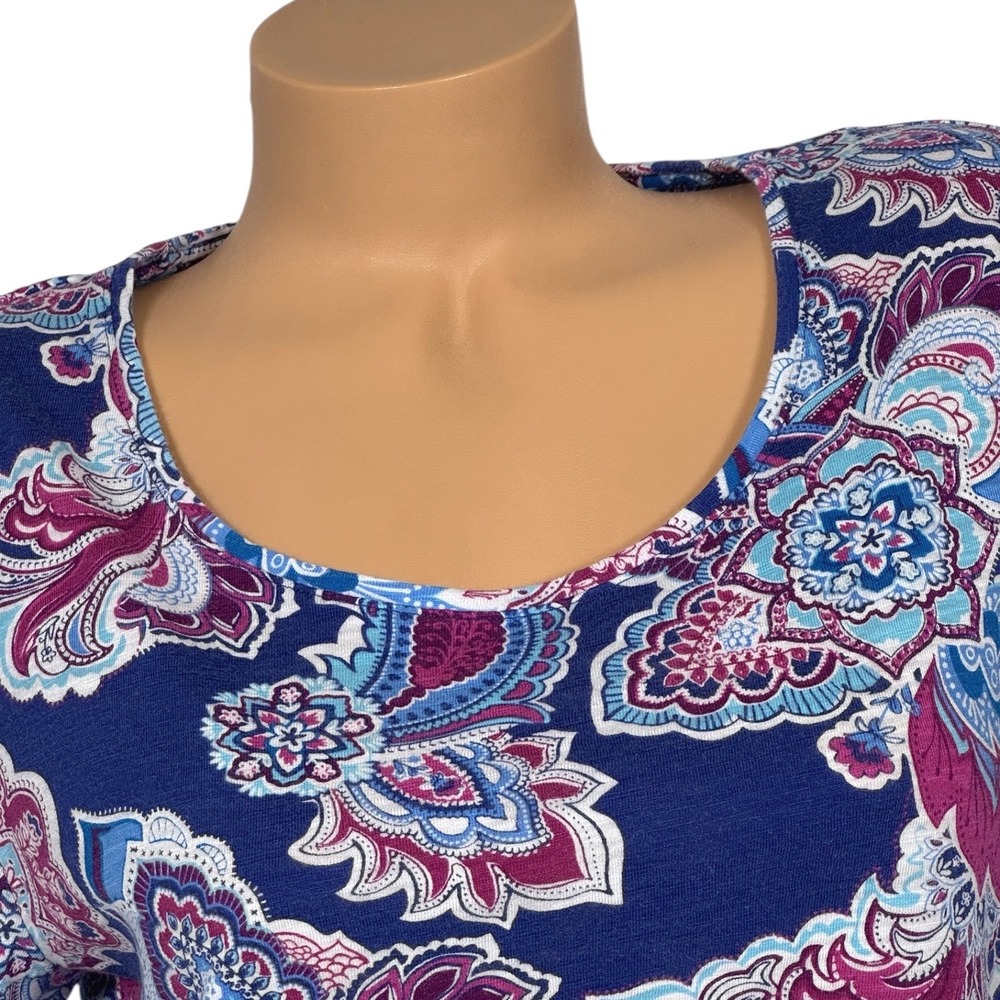 Chico's Blue Purple Paisley Floral Scoop Neck Cotton Modal Top Size 1 Medium - Picture 3 of 9